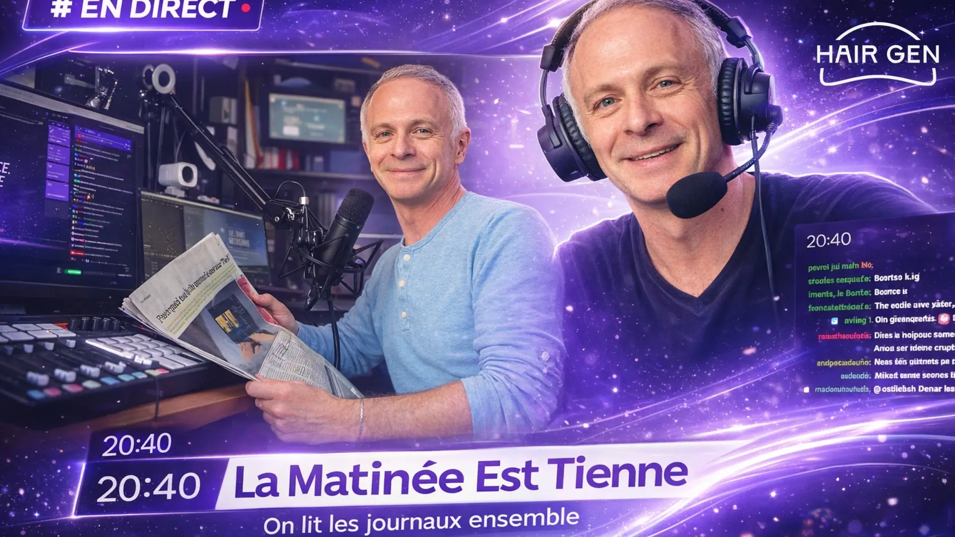 Samuel Etienne en direct sur Twitch présentant une chevelure dense et rajeunie