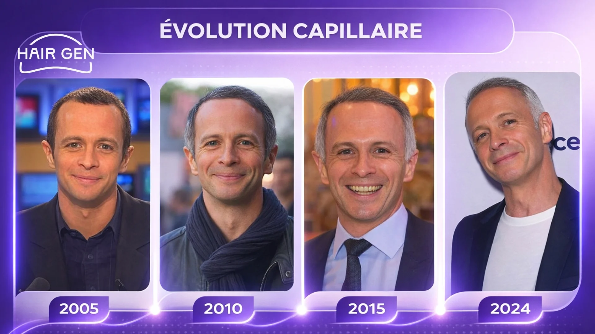 Frise chronologique de l'évolution capillaire de Samuel Etienne de 2005 à 2024