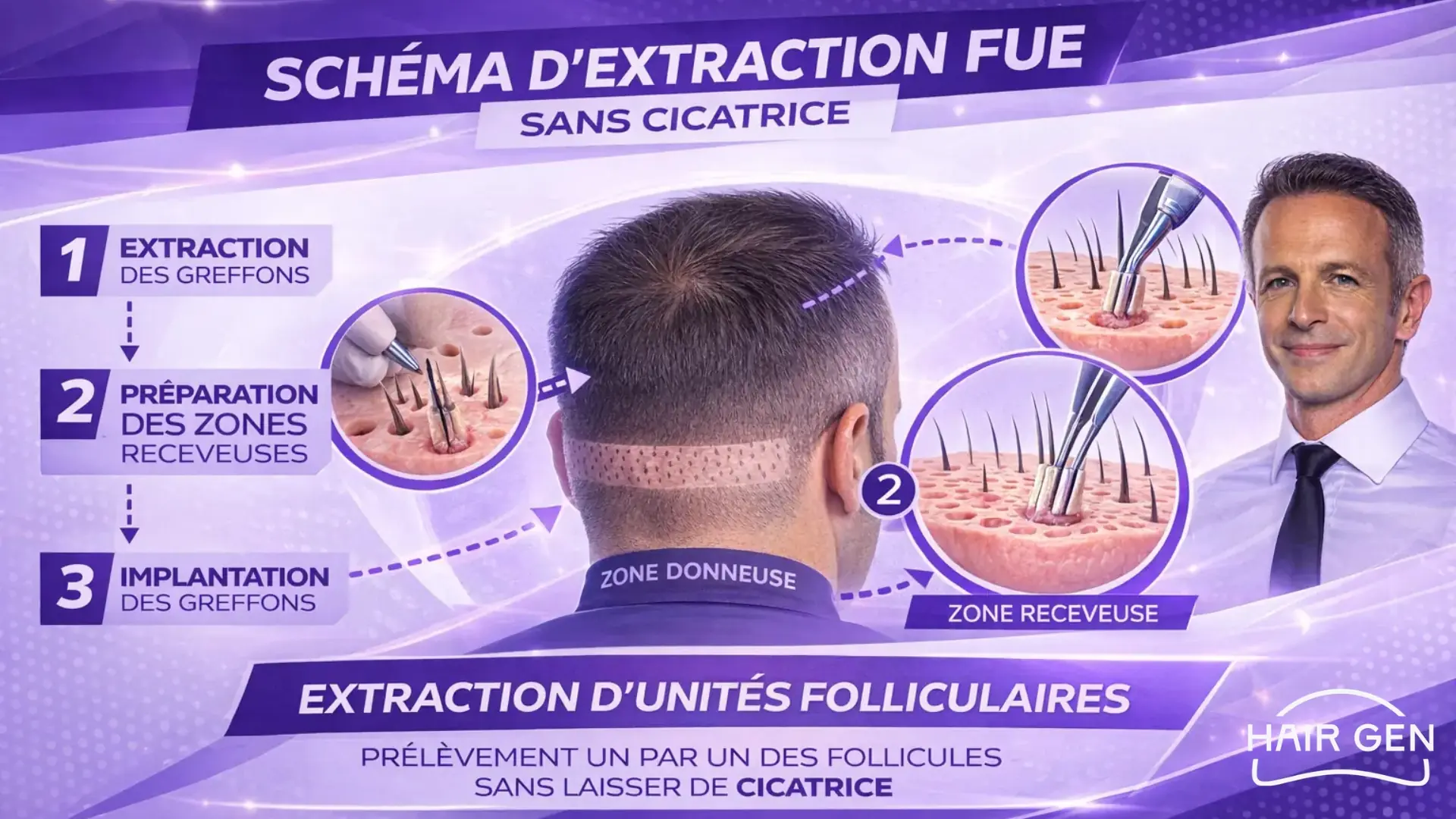 Schéma d'extraction FUE sans cicatrice.