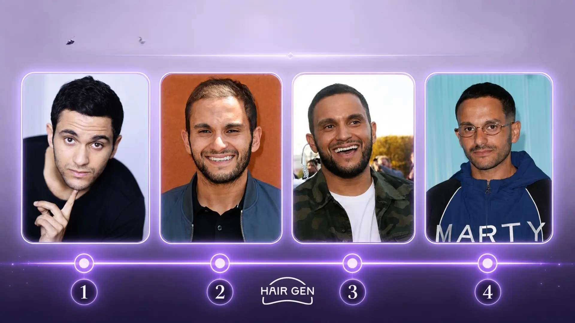 Frise évolution Malik Bentalha cheveux silhouette visage barbe image publique