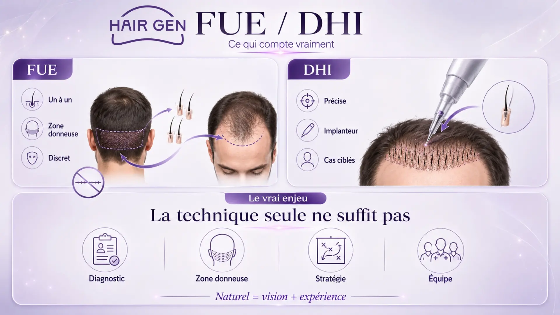 Technique FUE DHI greffe de cheveux Malik Bentalha hypothèse densification naturelle