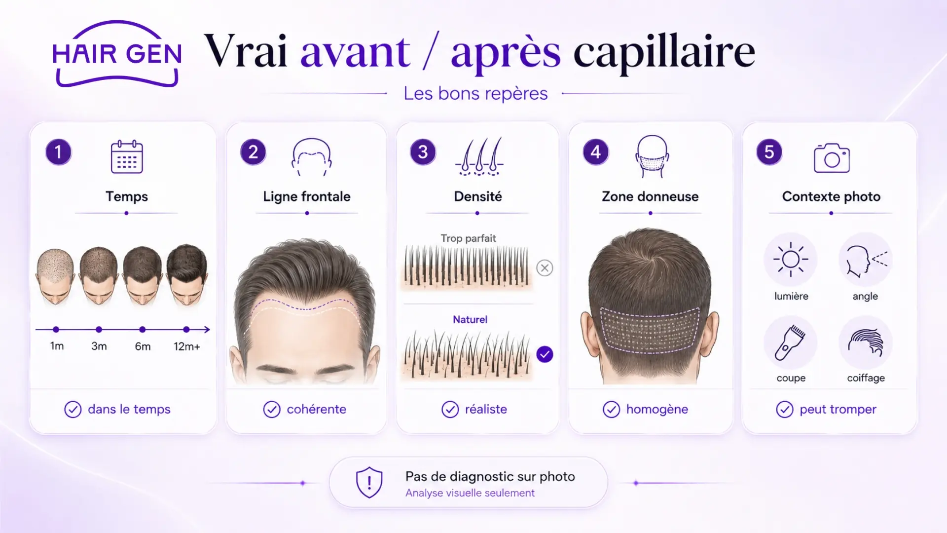 Reconnaître vrai avant après greffe capillaire ligne frontale densité zone donneuse