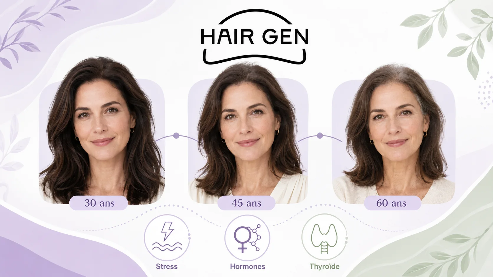 Infographie prudente sur l’évolution de la densité capillaire féminine avec l’âge