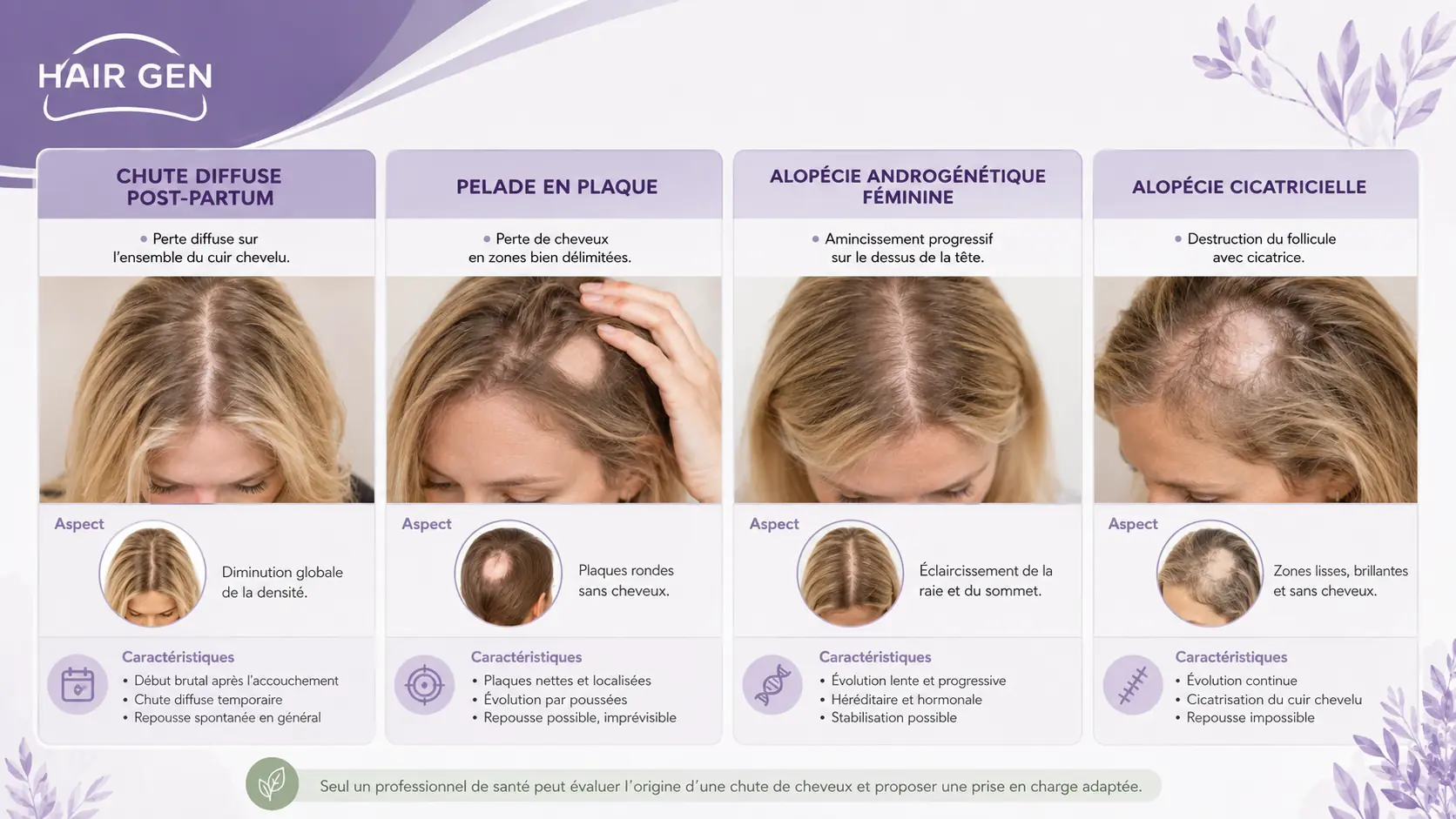 Infographie distinguant une chute post-partum diffuse de plusieurs formes d’alopécie