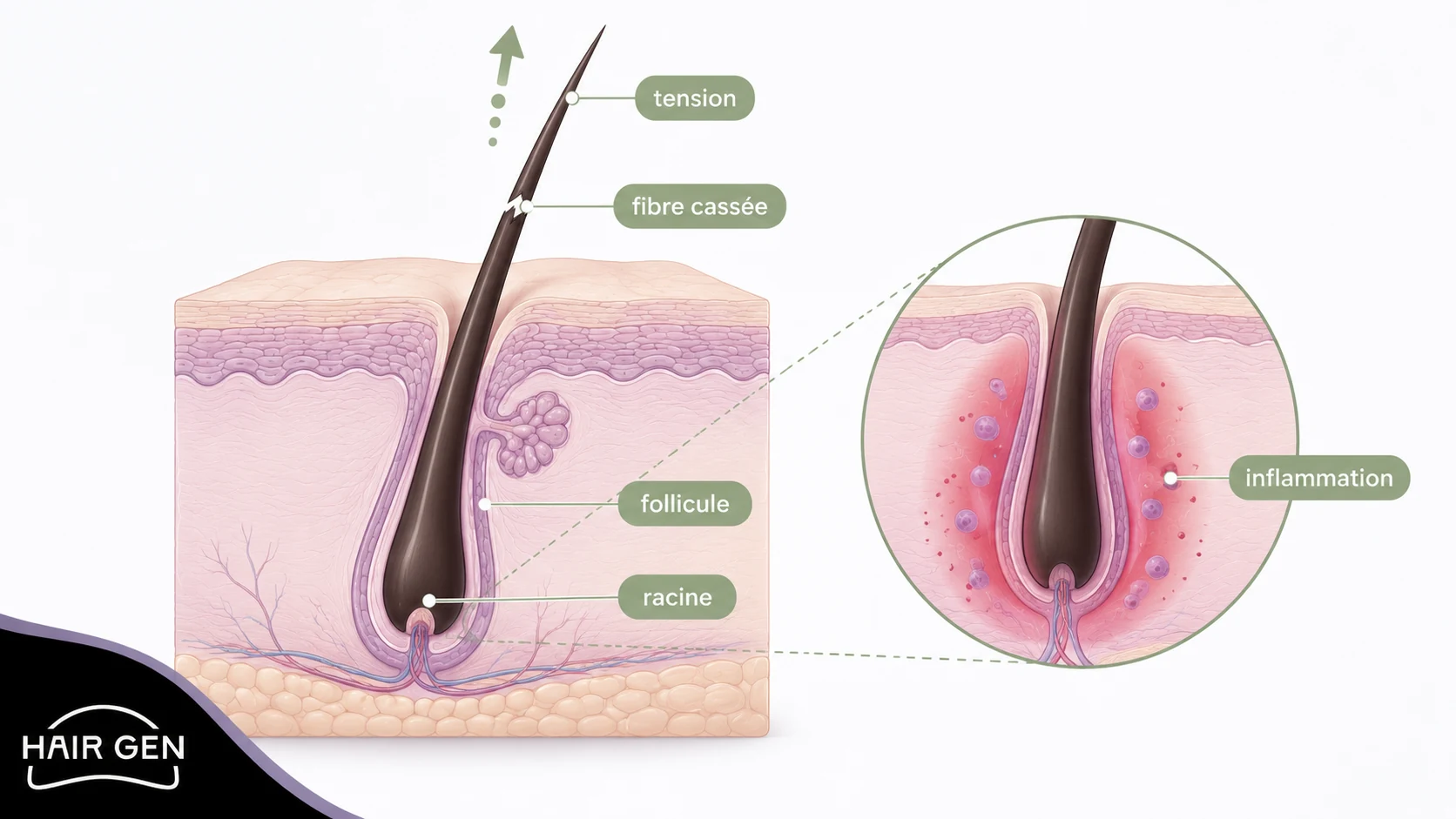 Infographie médicale sur le mécanisme de l’alopécie de traction au niveau du follicule pileux