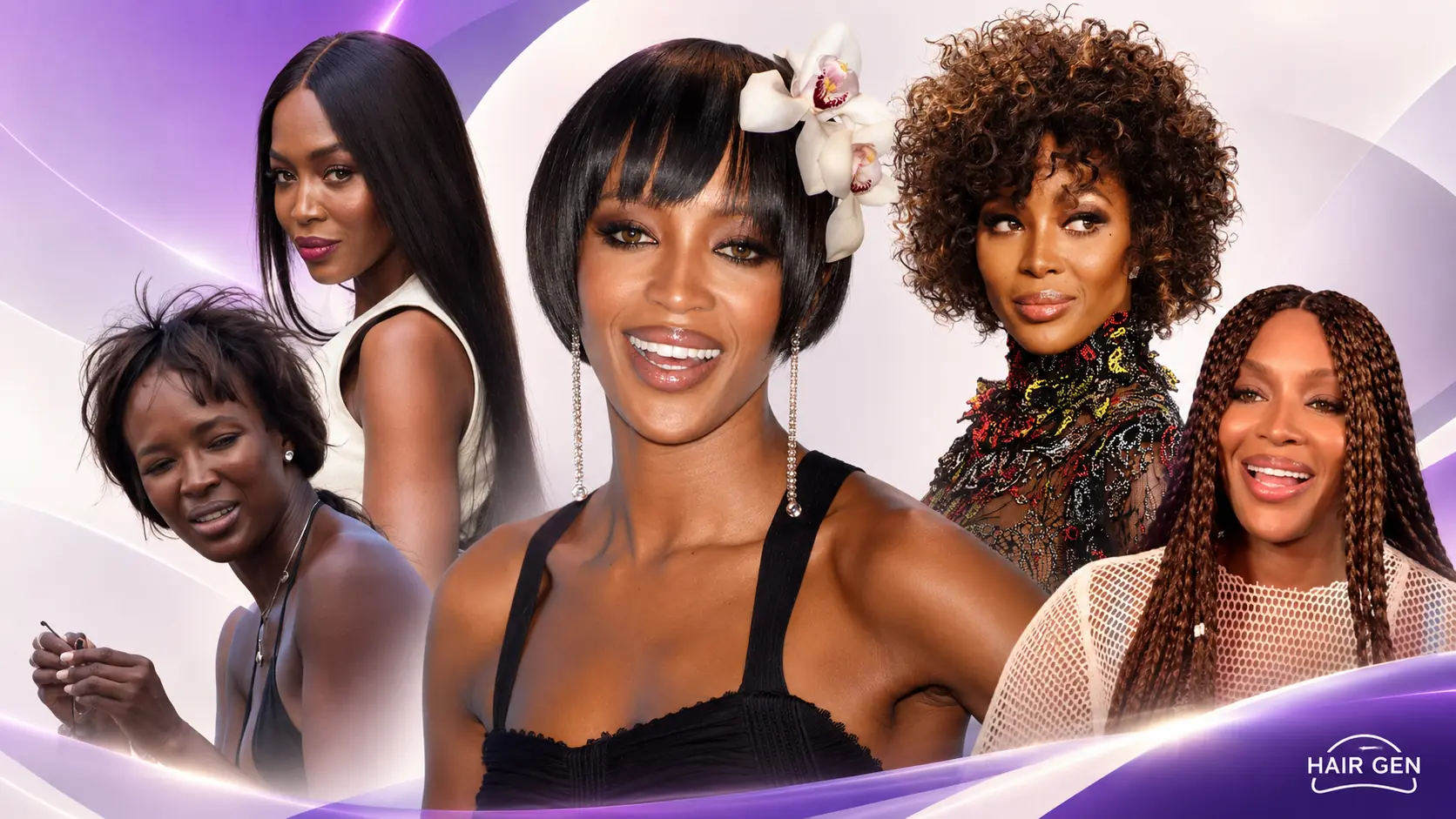 Photomontage de perruques, extensions, cornrows et cheveux naturels associés au parcours de Naomi Campbell