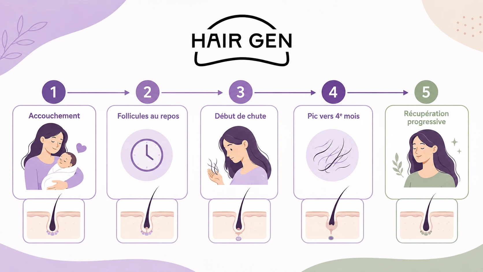 Frise pédagogique sur le décalage entre accouchement et chute de cheveux post-partum