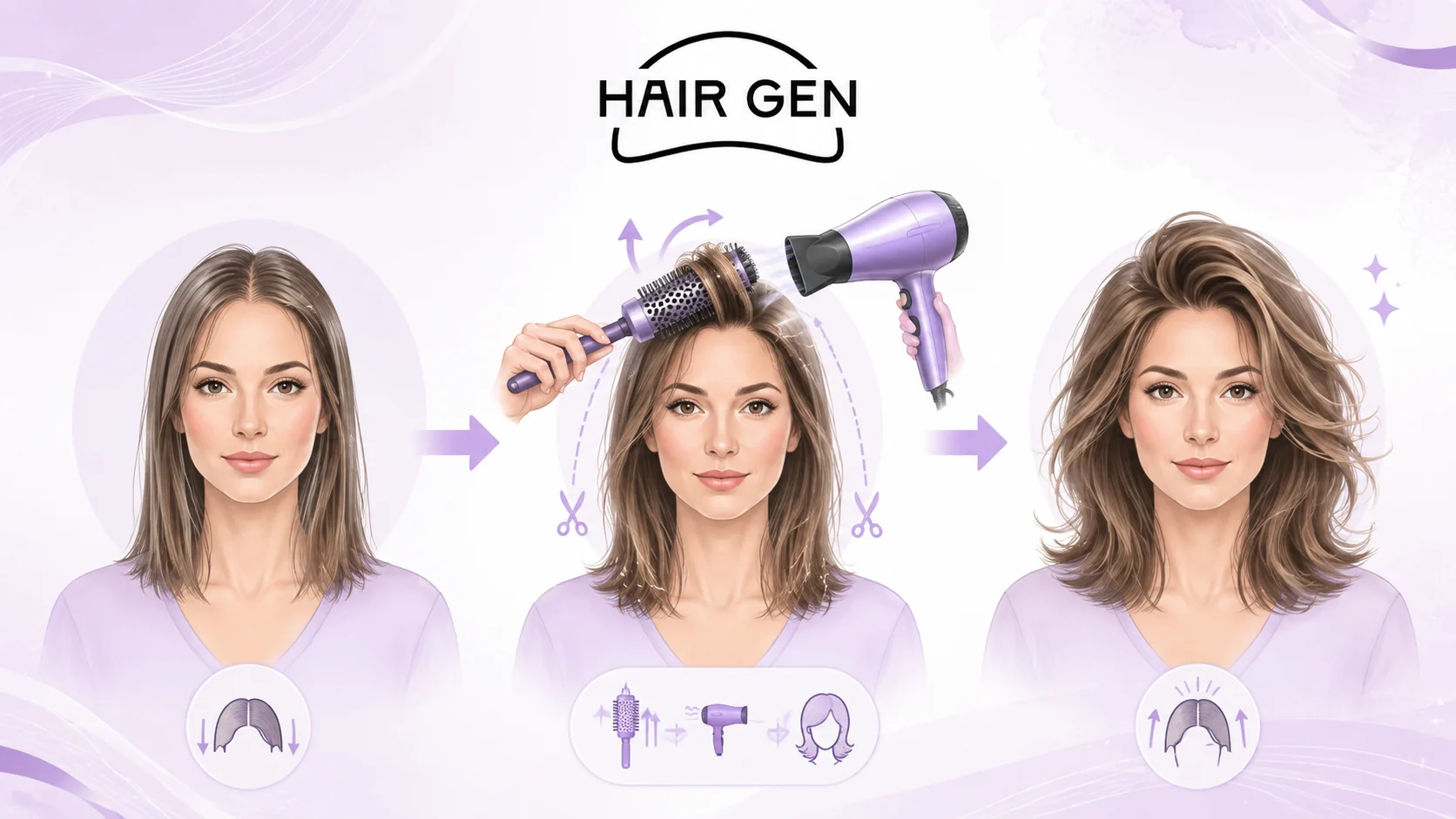 Infographie expliquant comment le coiffage peut renforcer le volume apparent de cheveux fins