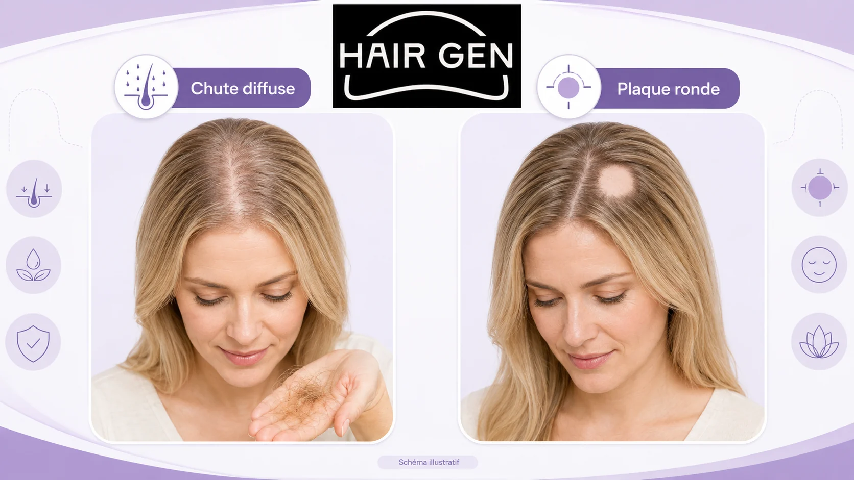 Infographie comparant une chute diffuse en poignées et une véritable plaque sans cheveux