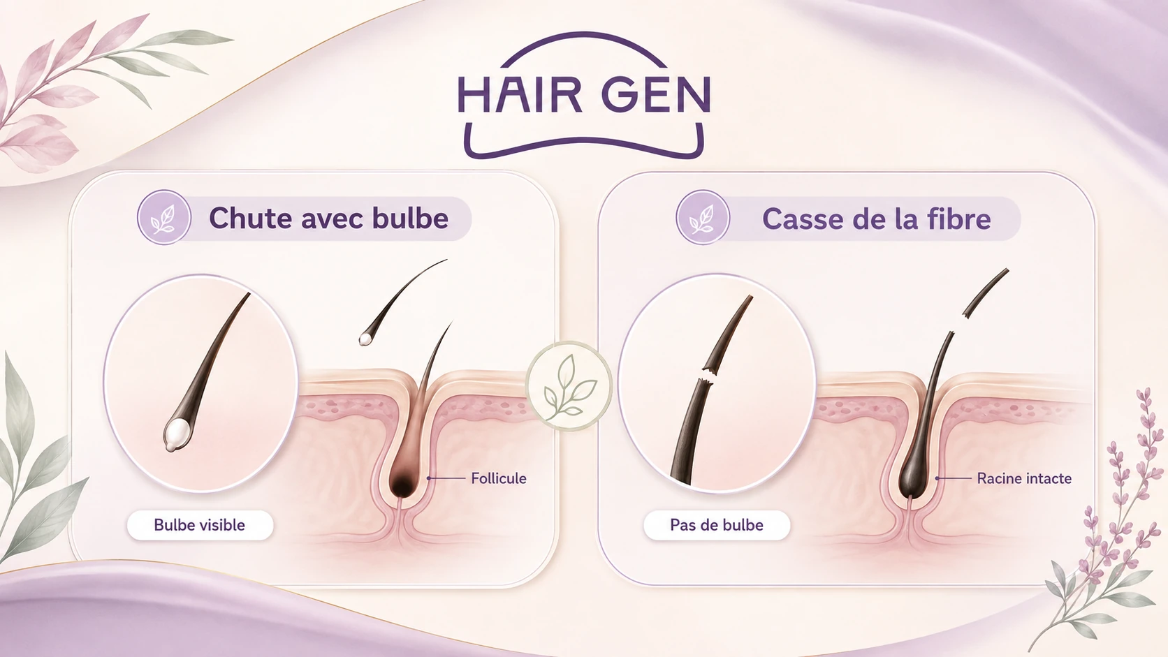 Infographie distinguant la chute depuis la racine et la casse de la fibre capillaire