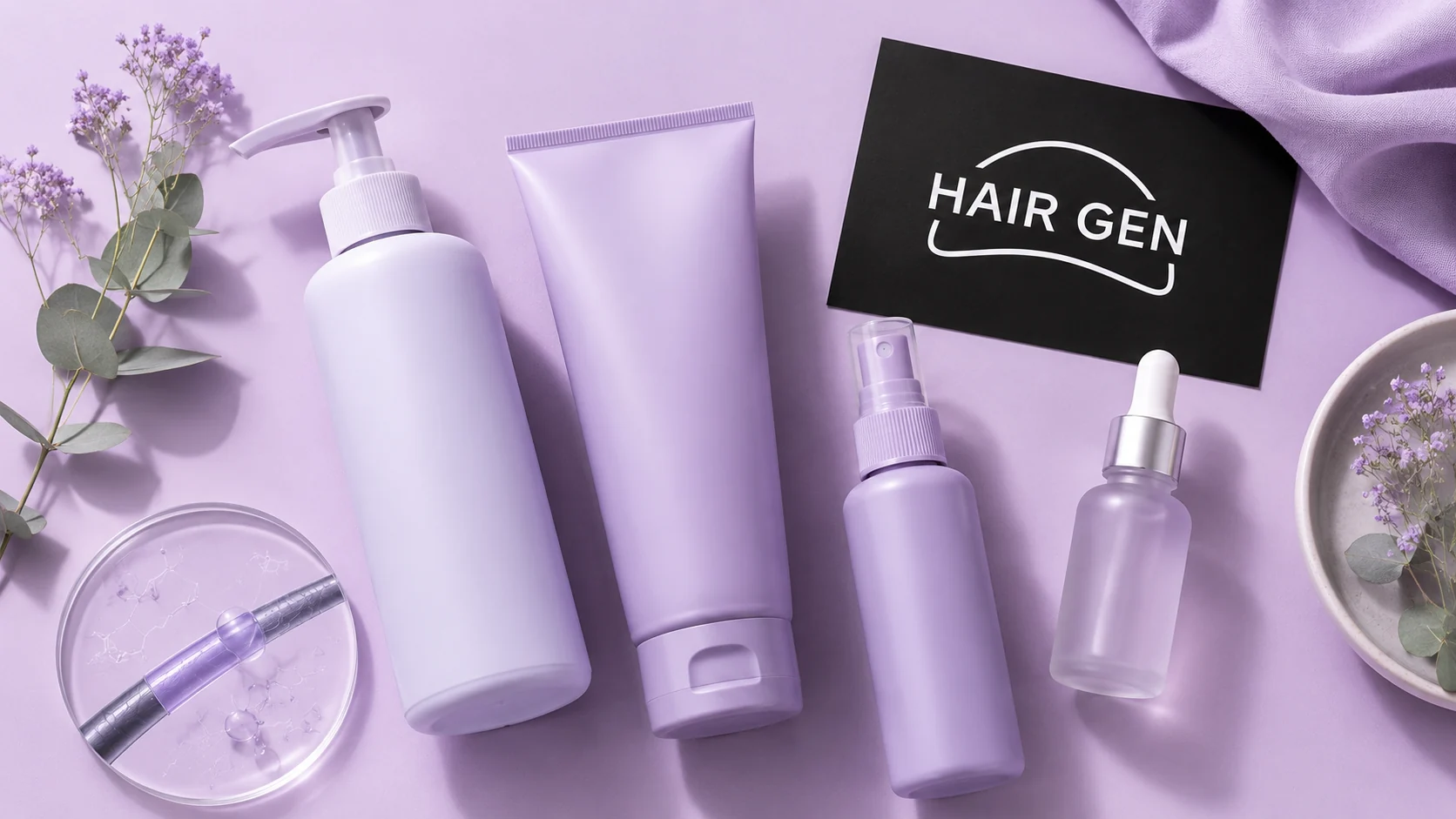 Flat lay de matériel de coiffage intensif : sèche-cheveux, brosse ronde, fer, colorations et extensions