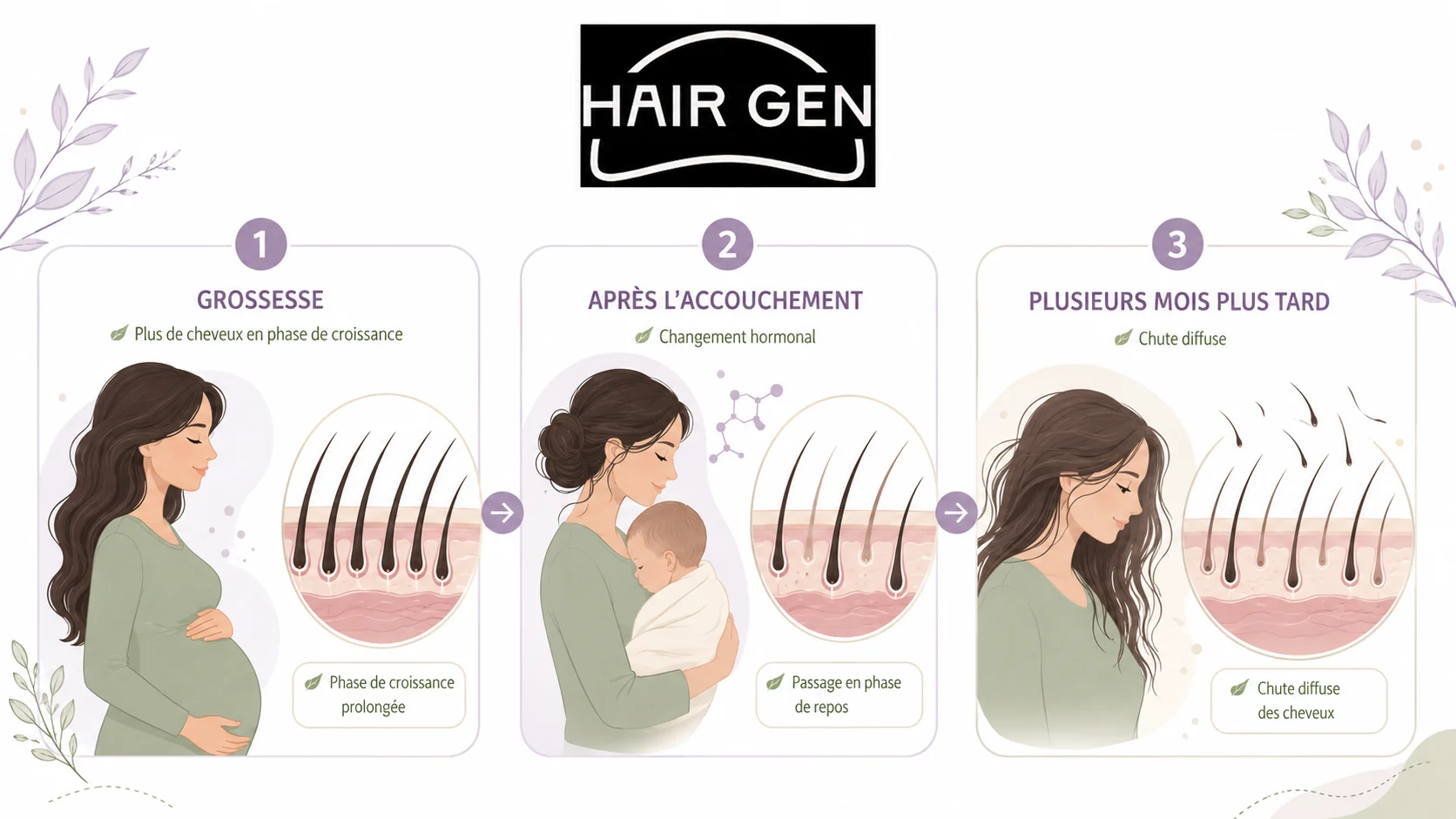 Infographie du cycle capillaire pendant la grossesse et après l’accouchement