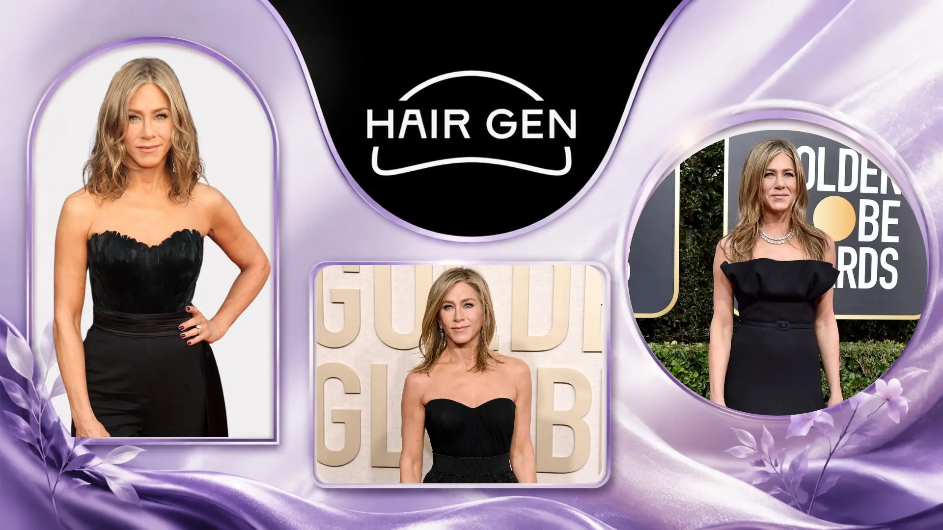 Photomontage éditorial autour de Jennifer Aniston, de ses cheveux iconiques et de ses confidences sur la chute