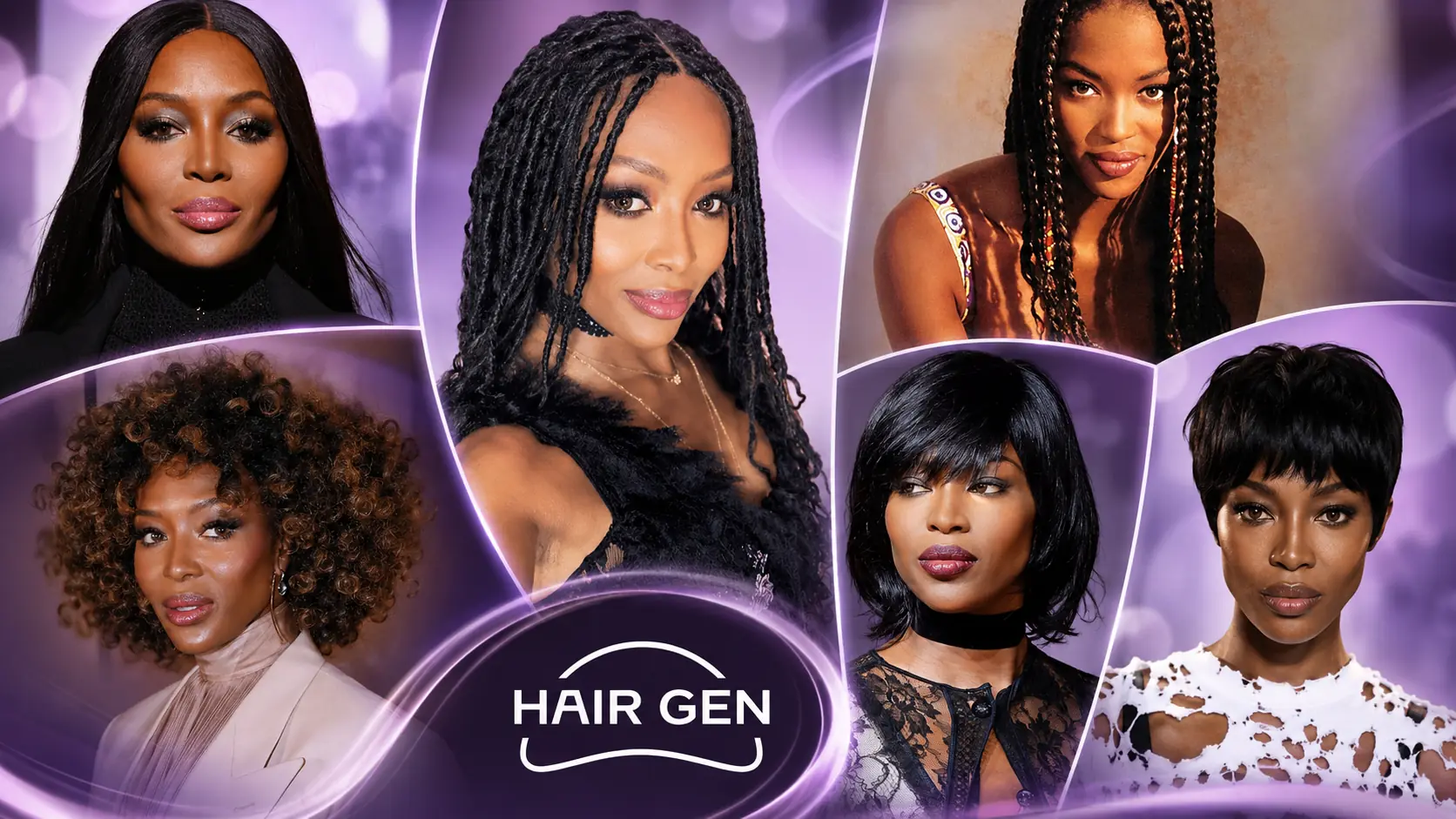 Évolution des coiffures de Naomi Campbell entre cheveux courts, boucles, tresses et longues extensions