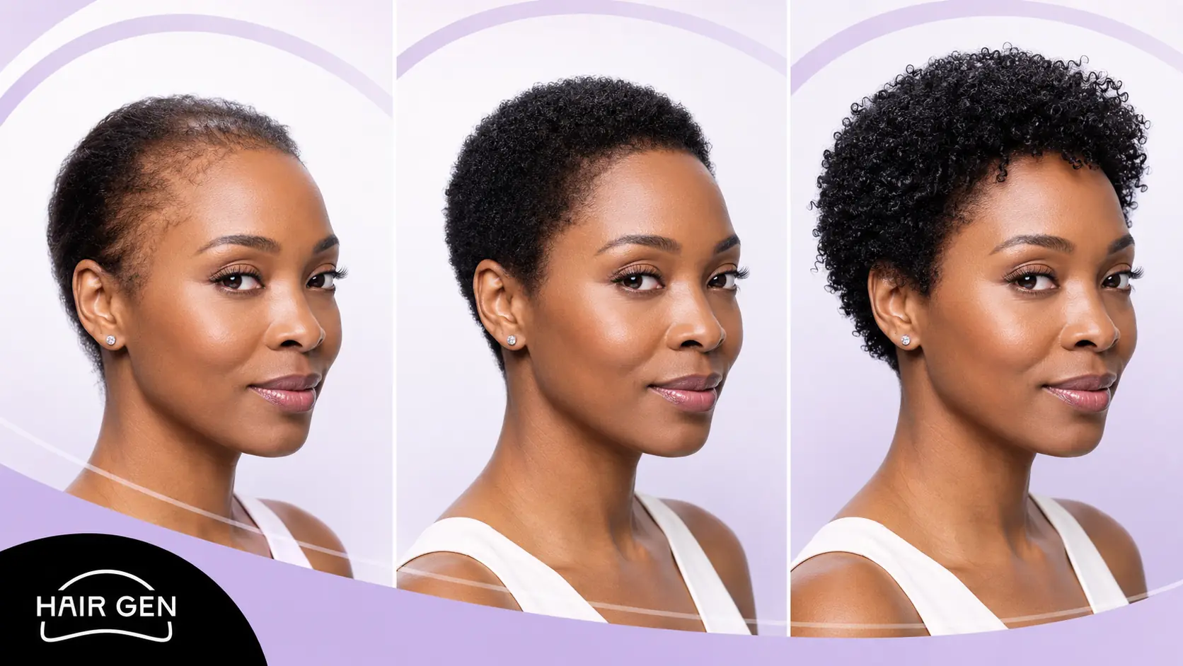 Évolution visuelle prudente entre tempes dégarnies, cheveux naturels courts et coiffure plus dense
