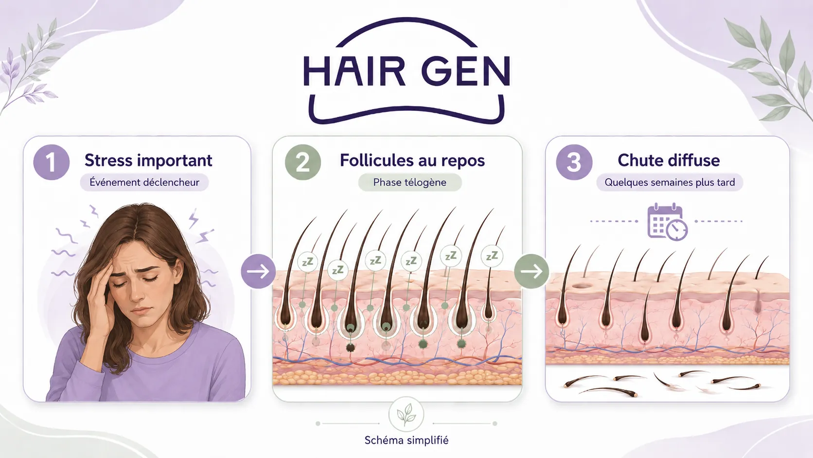 Infographie sur le stress et l’effluvium télogène dans le cycle du cheveu