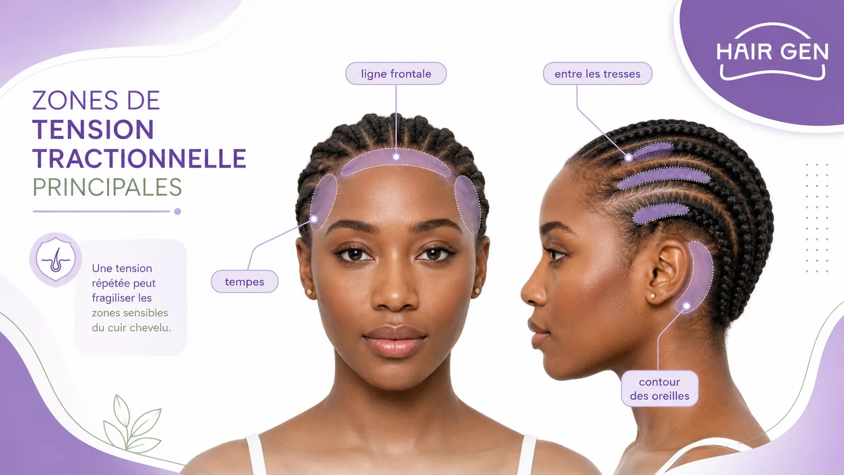Schéma des zones du cuir chevelu particulièrement exposées à la traction